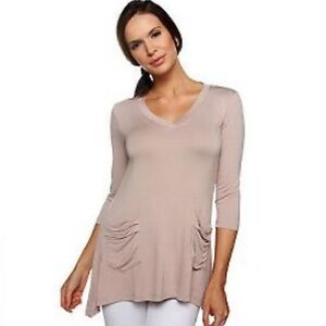 Logo Lori Goldstein Taupe Stretch Jersey Knit Lagenlook Top Tunic Size L